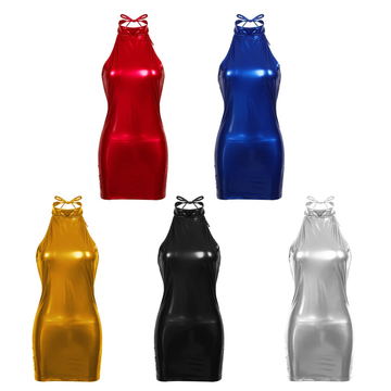 Sexy Wetlook Mini Dress for Women / PU Leather Skinny Sleeveless Dress - EVE's SECRETS